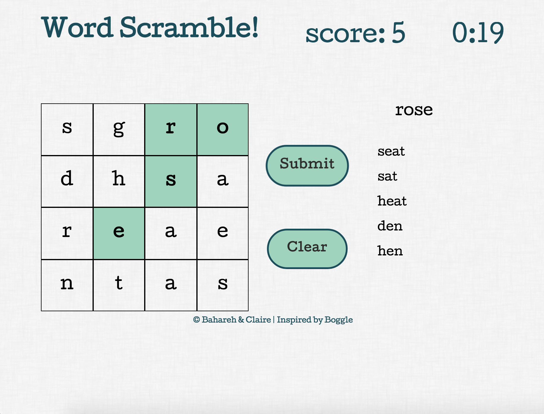 image of word scramble site which resembles boggle